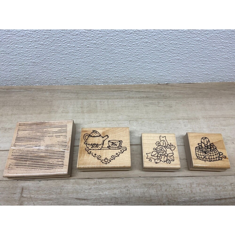 Set Of 4 Mixed Brands Wood Mounted Rubber Stamps